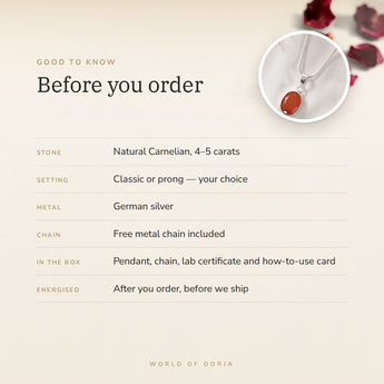 Carnelian Pendant – good to know before you order: what is in the box, energised after order
