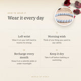How to wear your Blue Lace Agate Bracelet – left wrist, morning wish, recharge on selenite or moonlight
