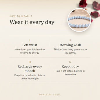 How to wear your Blue Lace Agate Bracelet – left wrist, morning wish, recharge on selenite or moonlight