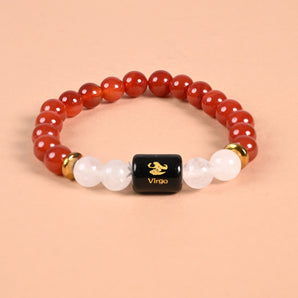 Virgo zodiac bracelet Carnelian and Milky Quartz with engraved Virgo name bead