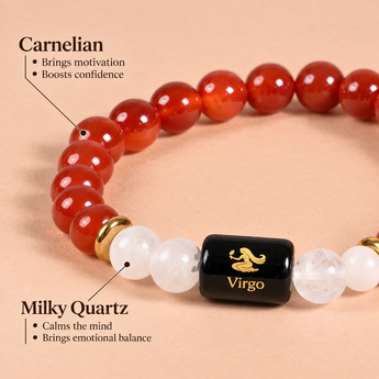 Close-up of Virgo zodiac bracelet showing Carnelian and Milky Quartz crystals and their benefits