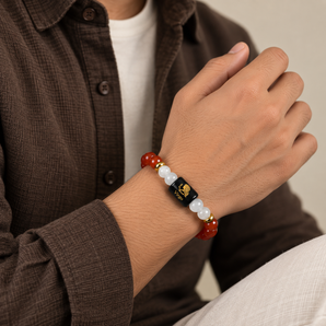 Virgo zodiac bracelet in Carnelian and Milky Quartz worn on the wrist