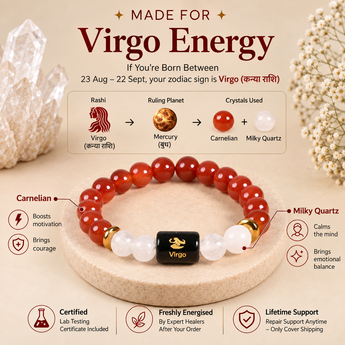 Made for Virgo energy – Kanya Rashi bracelet infographic with Carnelian and Milky Quartz benefits