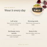 How to wear your Pyrite Leather Bracelet – left wrist, morning wish, recharge on selenite or moonlight