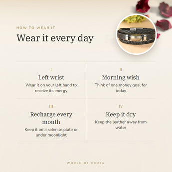 How to wear your Pyrite Leather Bracelet – left wrist, morning wish, recharge on selenite or moonlight