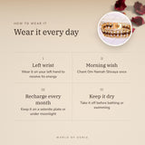 How to wear your 5 Mukhi Rudraksha Bracelet – left wrist, morning wish, recharge on selenite or moonlight
