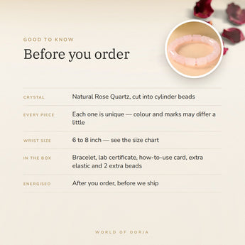 Rose Quartz Cylinder Bracelet – before you order: size, what is in the box, energised after order