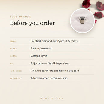 Polished Pyrite Ring – good to know before you order: what is in the box, energised after order
