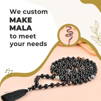 A customisable mala with black and multicolored beads, displayed against a neutral background with a graphic indicating customization options.