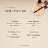 How to wear your Black Metal Raw Pyrite Bracelet – left wrist, morning wish, recharge on selenite or moonlight