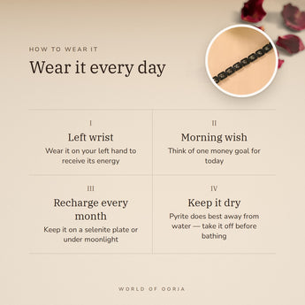 How to wear your Black Metal Raw Pyrite Bracelet – left wrist, morning wish, recharge on selenite or moonlight