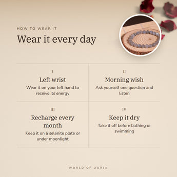 How to wear your Labradorite Bracelet – left wrist, morning wish, recharge on selenite or moonlight