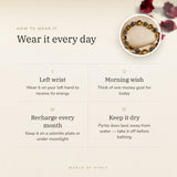 How to wear your Double Power Money Attraction Bracelet – left wrist, morning wish, recharge on selenite or moonlight