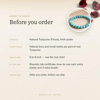 Turquoise Bracelet – before you order: size, what is in the box, energised after order